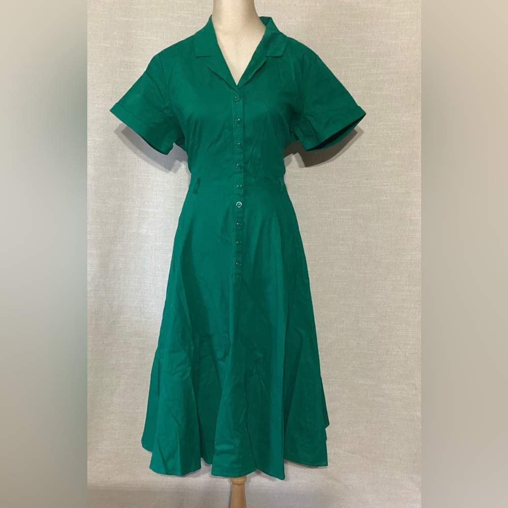 Collectfit Caterina Plain Swing Shirt  Midi Dress Green / Side pockets  XL